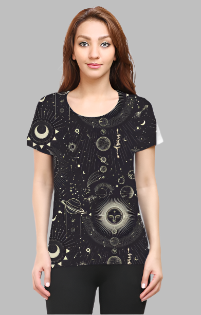 Cosmic Comfort: Boho Celestial Print T-Shirt