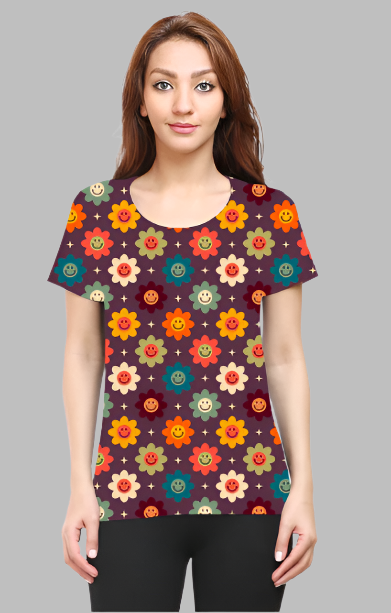 Groovy Vibes: Purple Retro Pattern Smiley Cotton T-Shirt